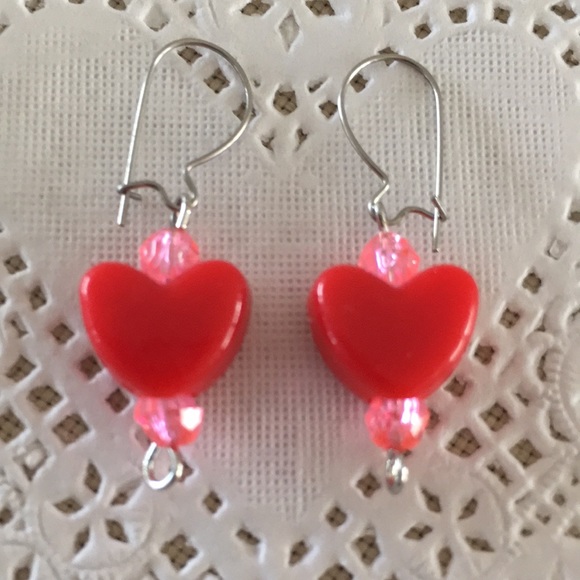 Hand Crafted Jewelry - HAND CRAFTED Heart Drop Earrings Red
